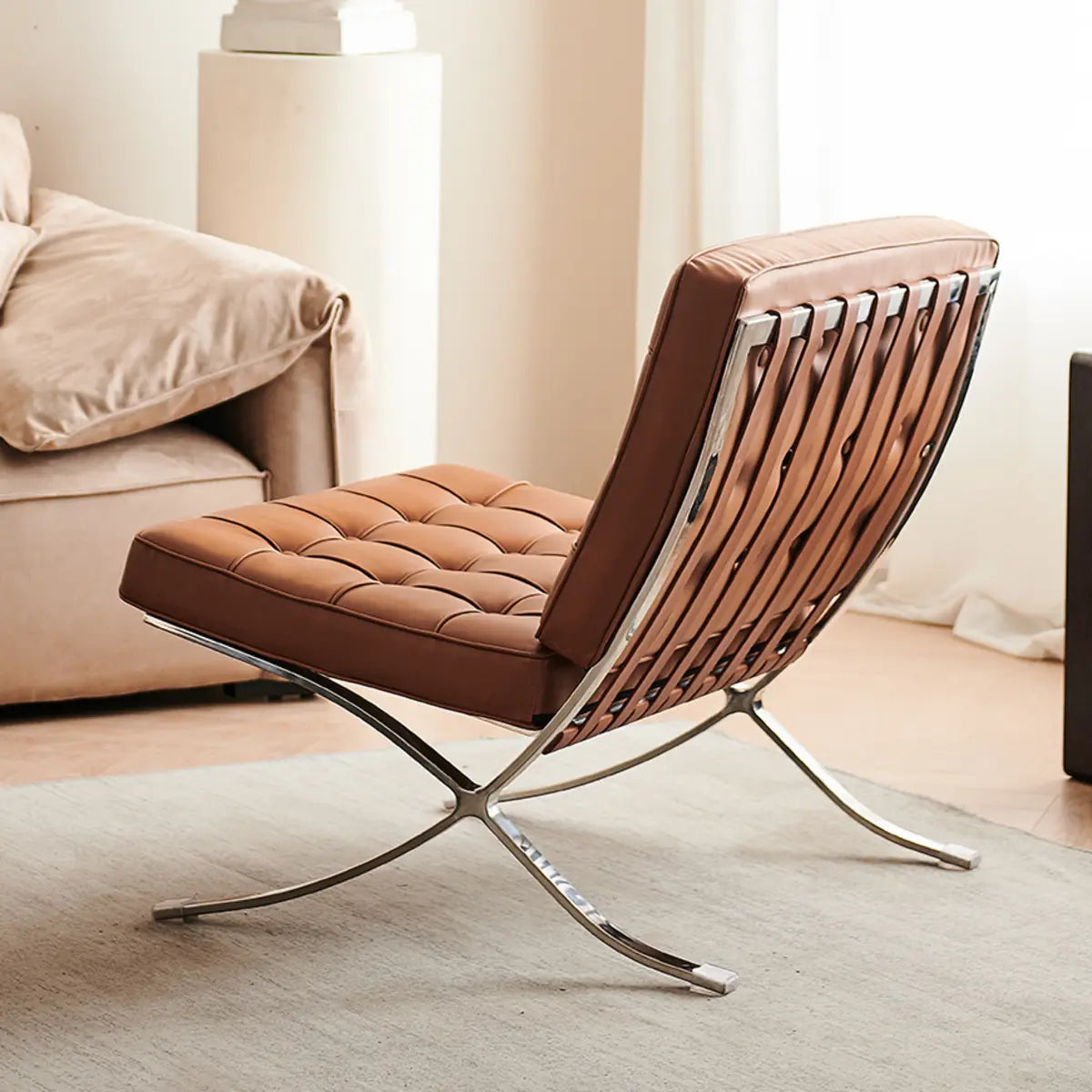 Brown Nappa Leather Tufted Back Cross Base Lounge Chair Image - 6