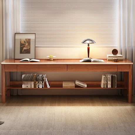 Brown Natural Wood Desk with Drawers and Shelves Image - 1