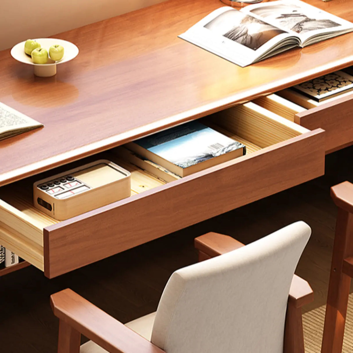 Brown Natural Wood Desk with Drawers and Shelves Image - 10