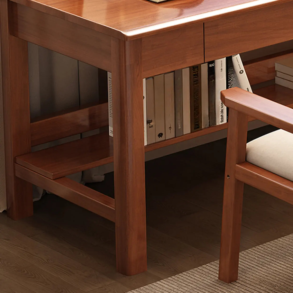 Brown Natural Wood Desk with Drawers and Shelves Image - 13
