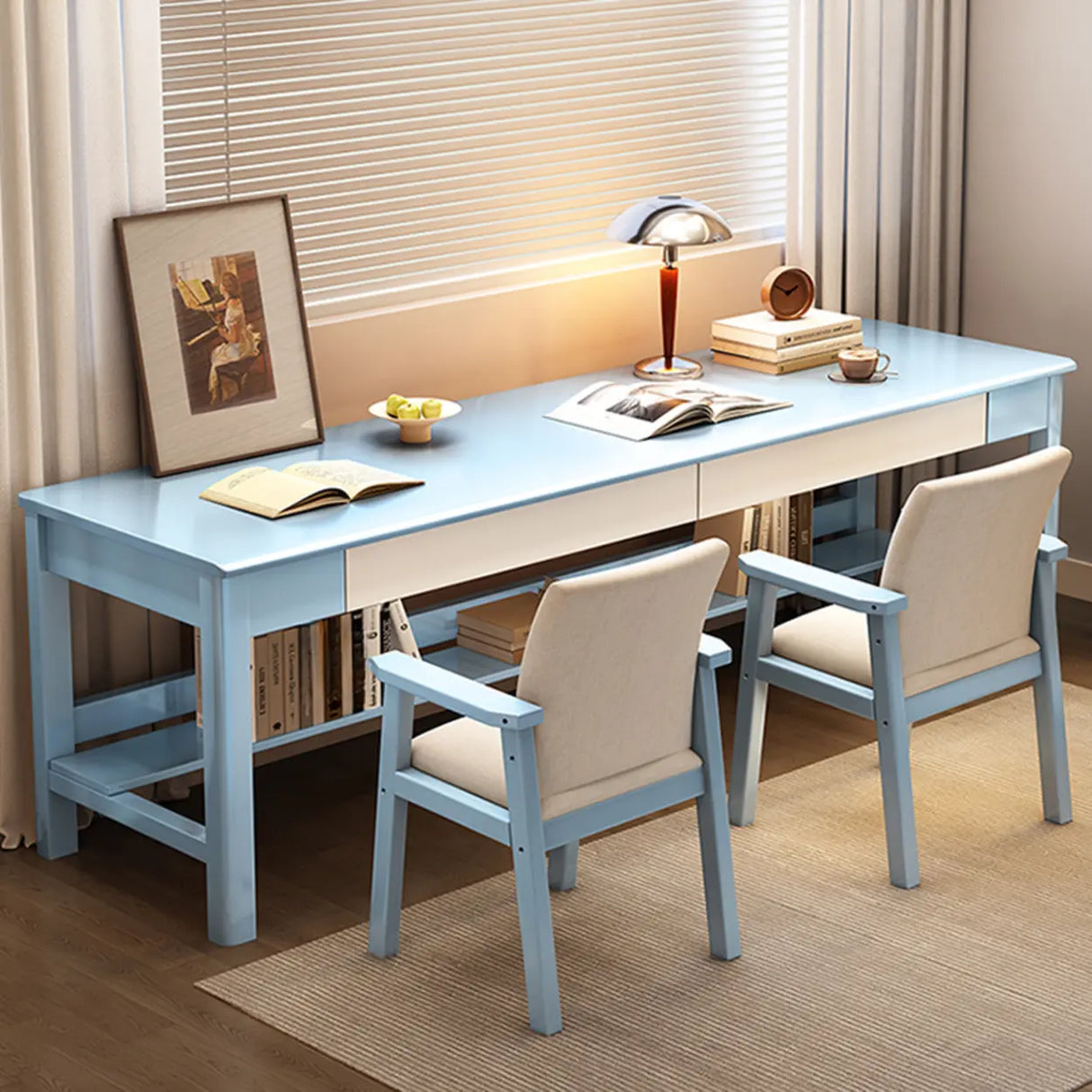 Brown Natural Wood Desk with Drawers and Shelves Image - 14