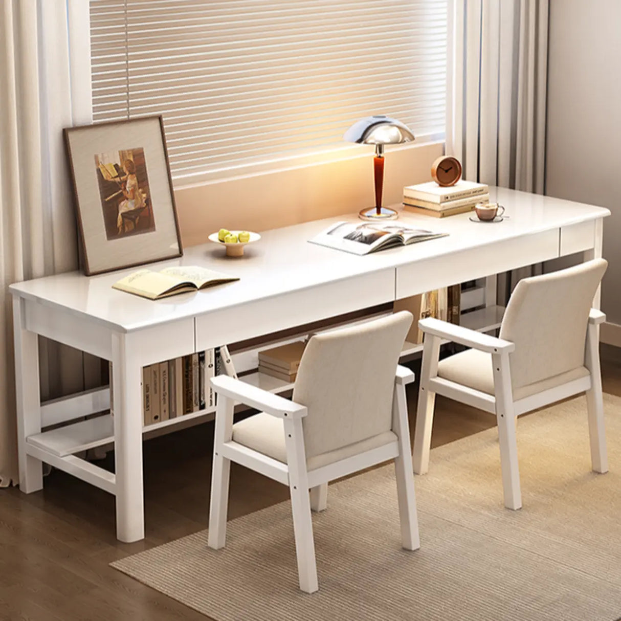 Brown Natural Wood Desk with Drawers and Shelves Image - 15