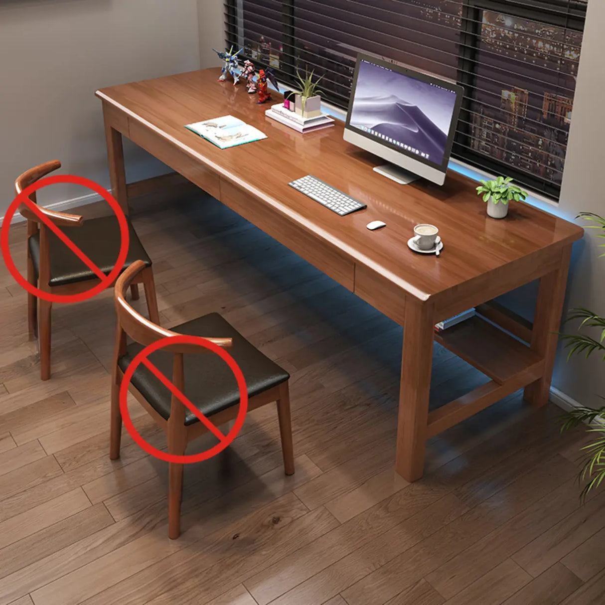 Brown Natural Wood Desk with Drawers and Shelves Image - 3