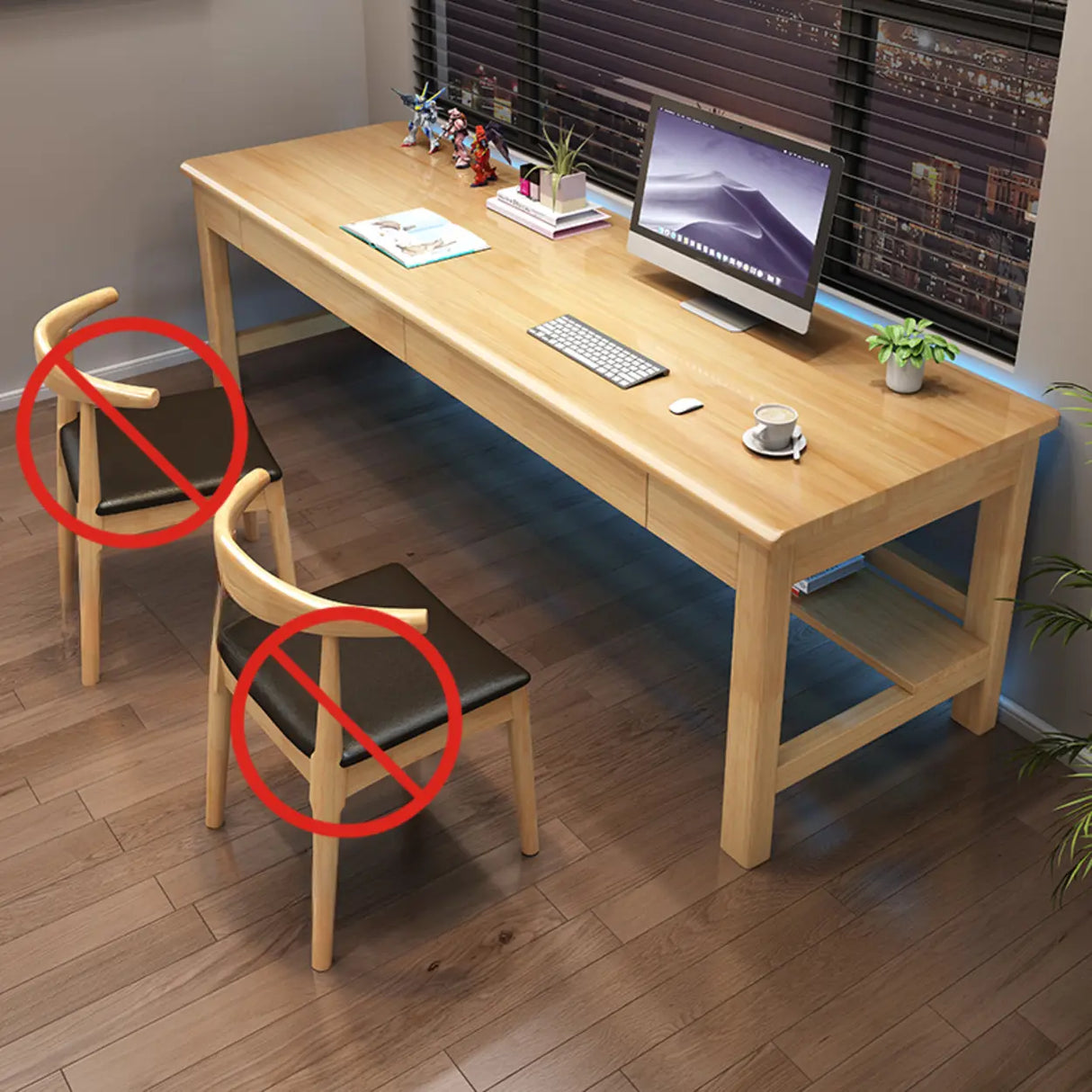 Brown Natural Wood Desk with Drawers and Shelves Image - 5
