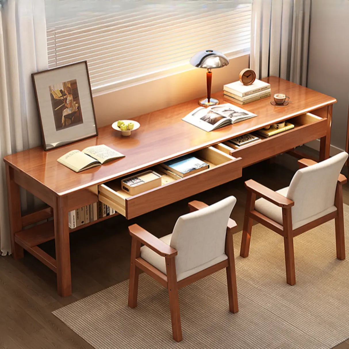 Brown Natural Wood Desk with Drawers and Shelves Image - 6