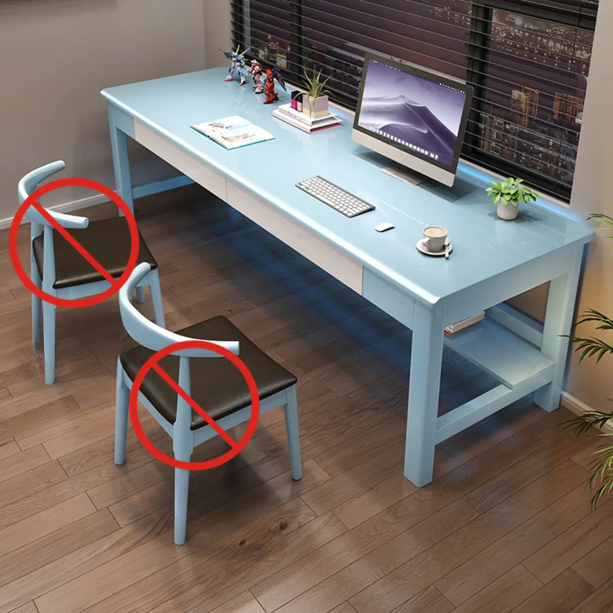 Brown Natural Wood Desk with Drawers and Shelves Image - 7