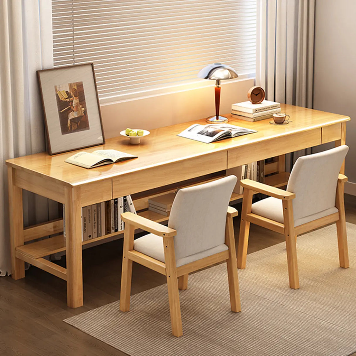 Brown Natural Wood Desk with Drawers and Shelves Image - 8