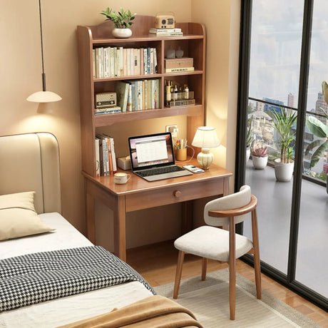Brown Natural Wooden Desk with Hutch and Storage Image - 2