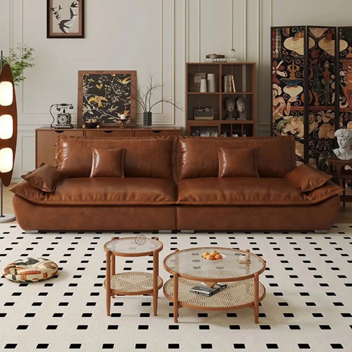Brown Oiled Leather Pillow Top Arm Cushion Back Sofa Image - 1