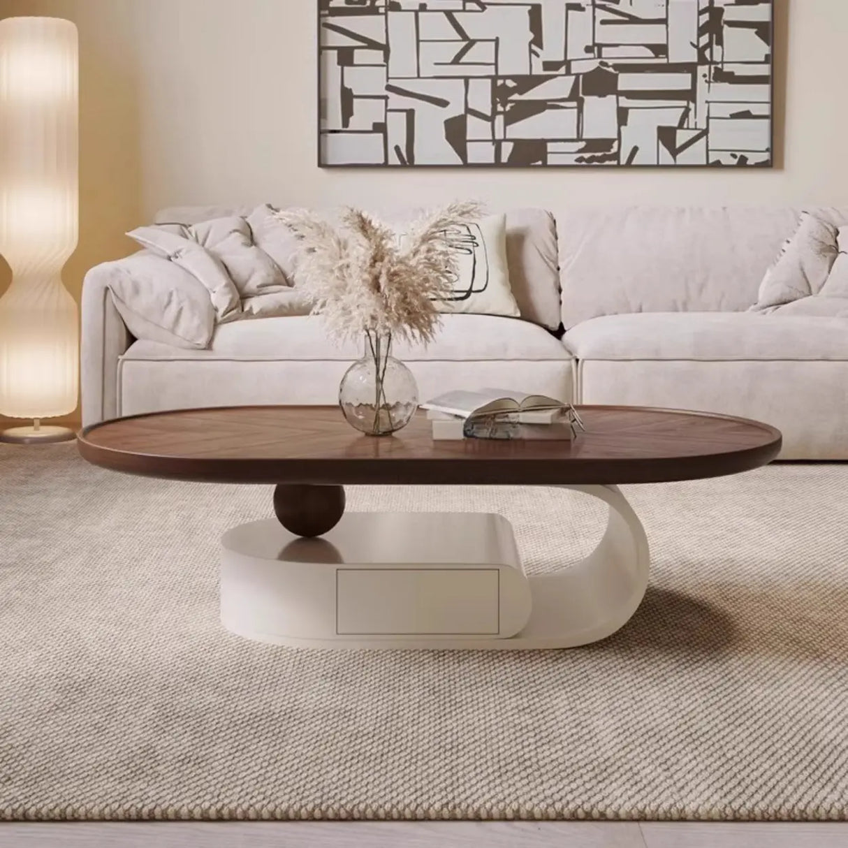Brown Oval Wood Tray Top Abstract Base Coffee Table Image - 2