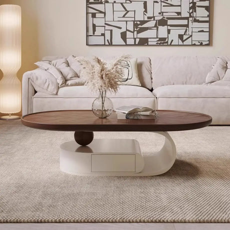 Brown Oval Wood Tray Top Abstract Base Coffee Table Image - 2