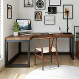 Brown Pine L-Shape Writing Desk with Iron Sled Base Image - 1