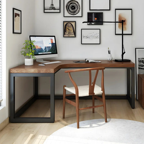 Brown Pine L-Shape Writing Desk with Iron Sled Base Image - 1