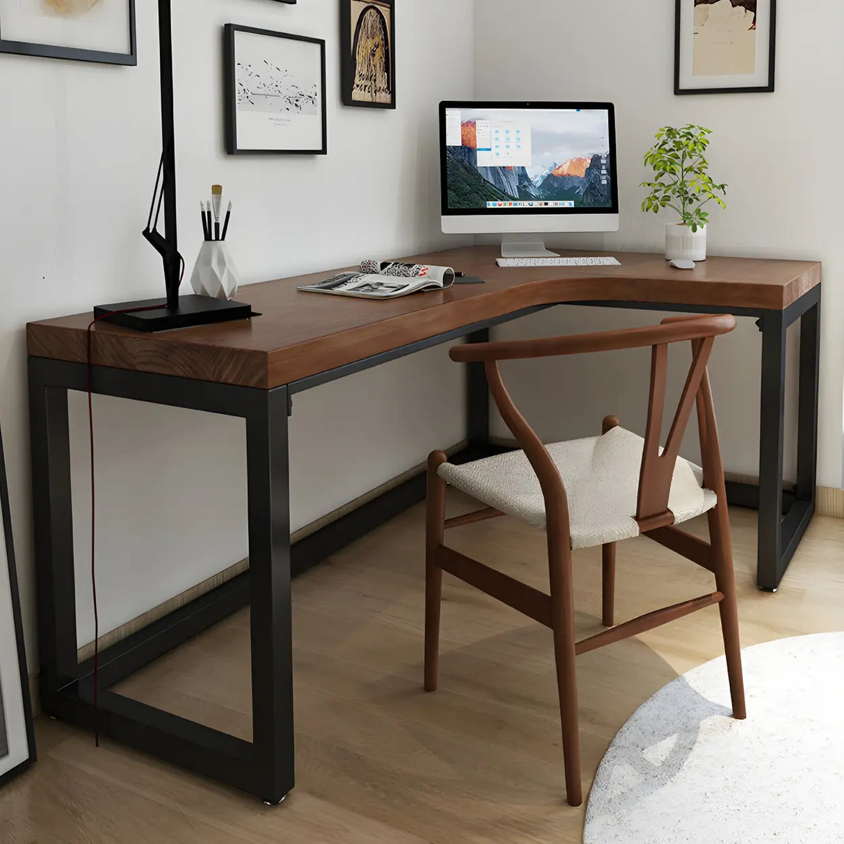 Brown Pine L-Shape Writing Desk with Iron Sled Base Image - 10