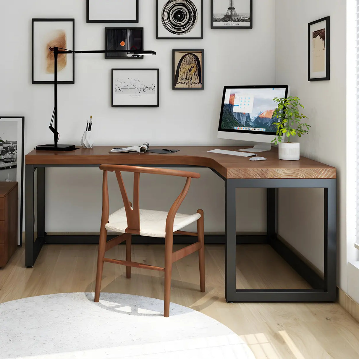 Brown Pine L-Shape Writing Desk with Iron Sled Base Image - 11