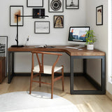Brown Pine L-Shape Writing Desk with Iron Sled Base Image - 11
