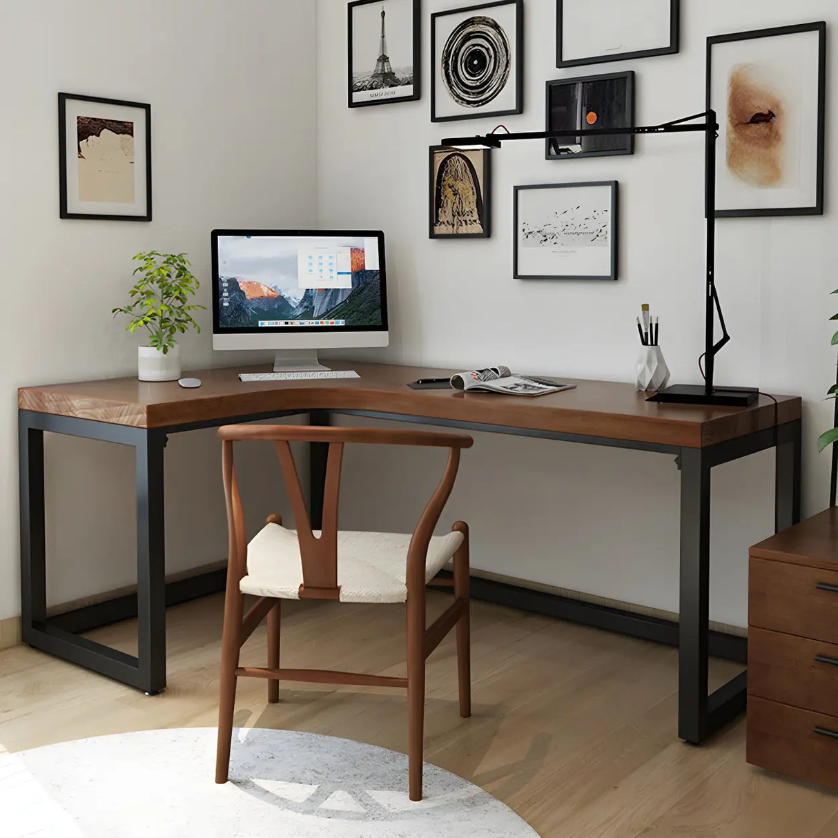 Brown Pine L-Shape Writing Desk with Iron Sled Base Image - 12