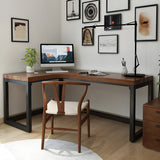 Brown Pine L-Shape Writing Desk with Iron Sled Base Image - 12