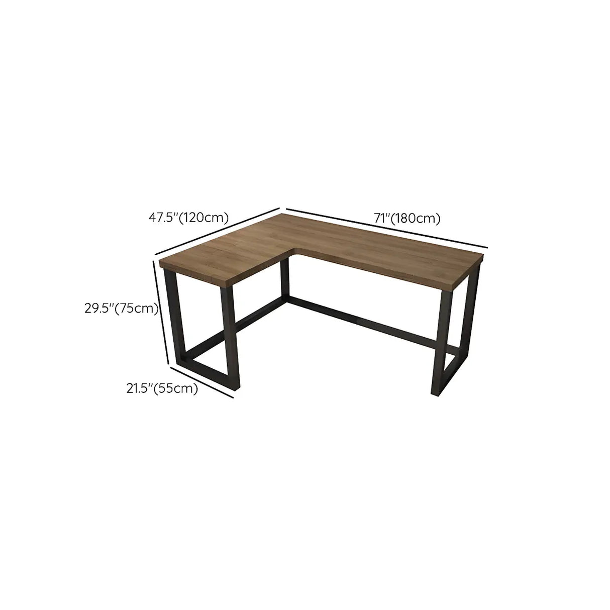 Brown Pine L-Shape Writing Desk with Iron Sled Base Image - 16