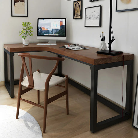 Brown Pine L-Shape Writing Desk with Iron Sled Base Image - 2