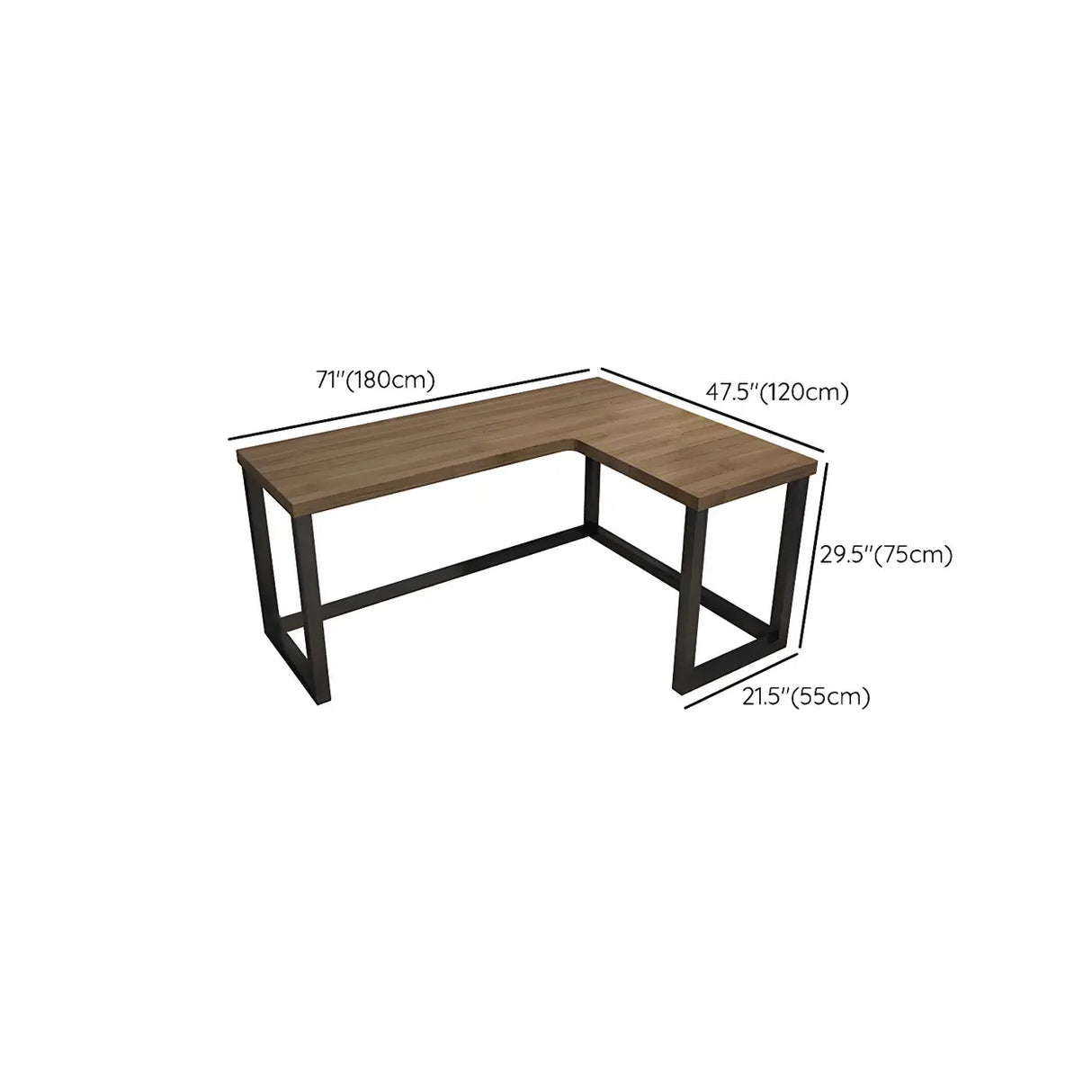 Brown Pine L-Shape Writing Desk with Iron Sled Base Image - 22