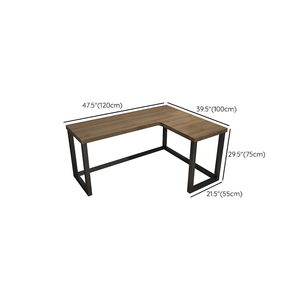 Brown Pine L-Shape Writing Desk with Iron Sled Base Image - 25