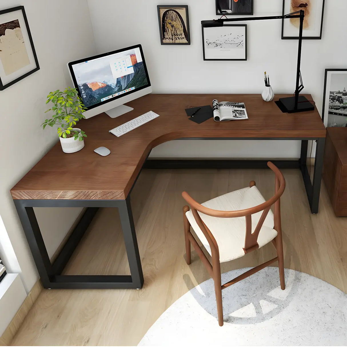 Brown Pine L-Shape Writing Desk with Iron Sled Base Image - 3