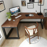 Brown Pine L-Shape Writing Desk with Iron Sled Base Image - 3