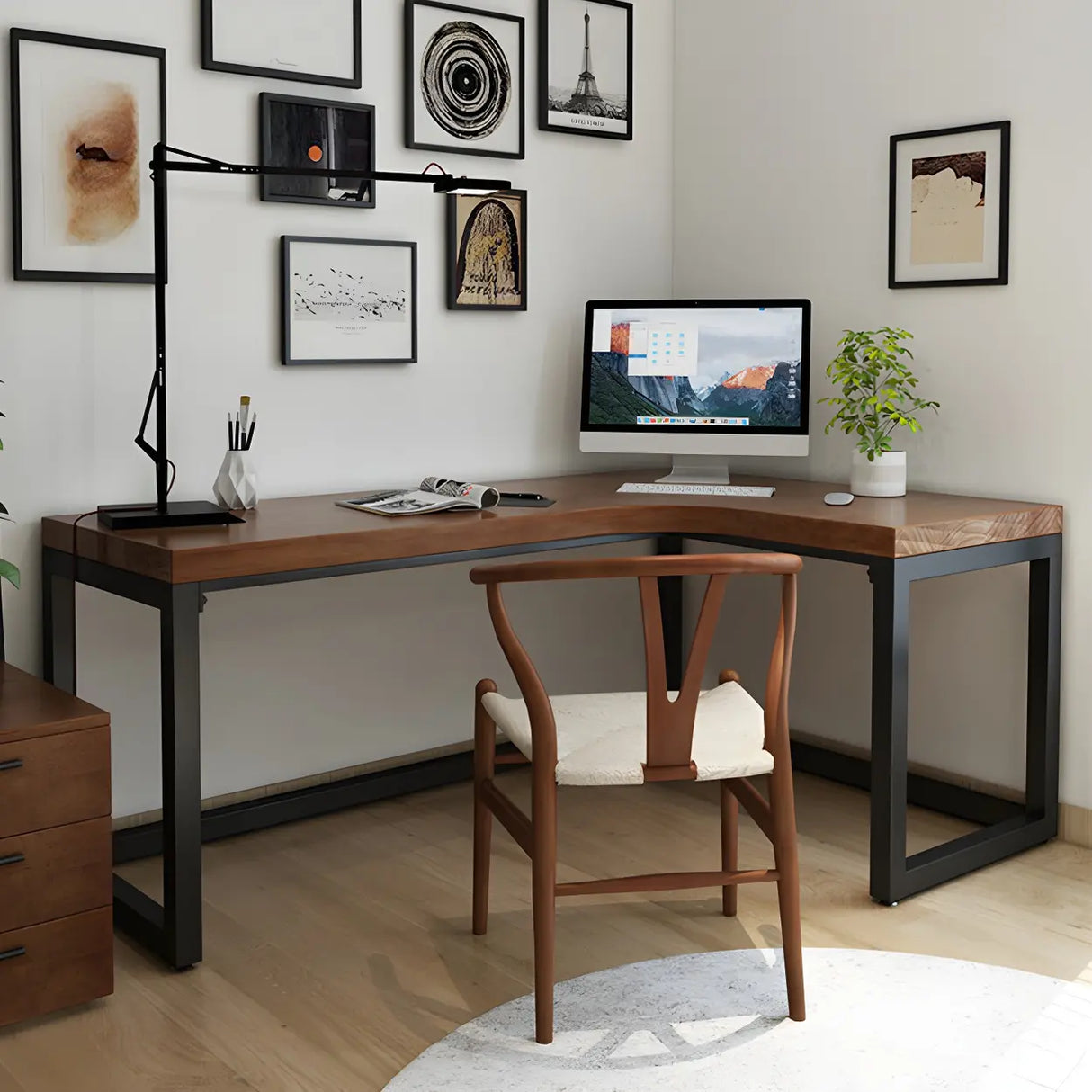 Brown Pine L-Shape Writing Desk with Iron Sled Base Image - 4