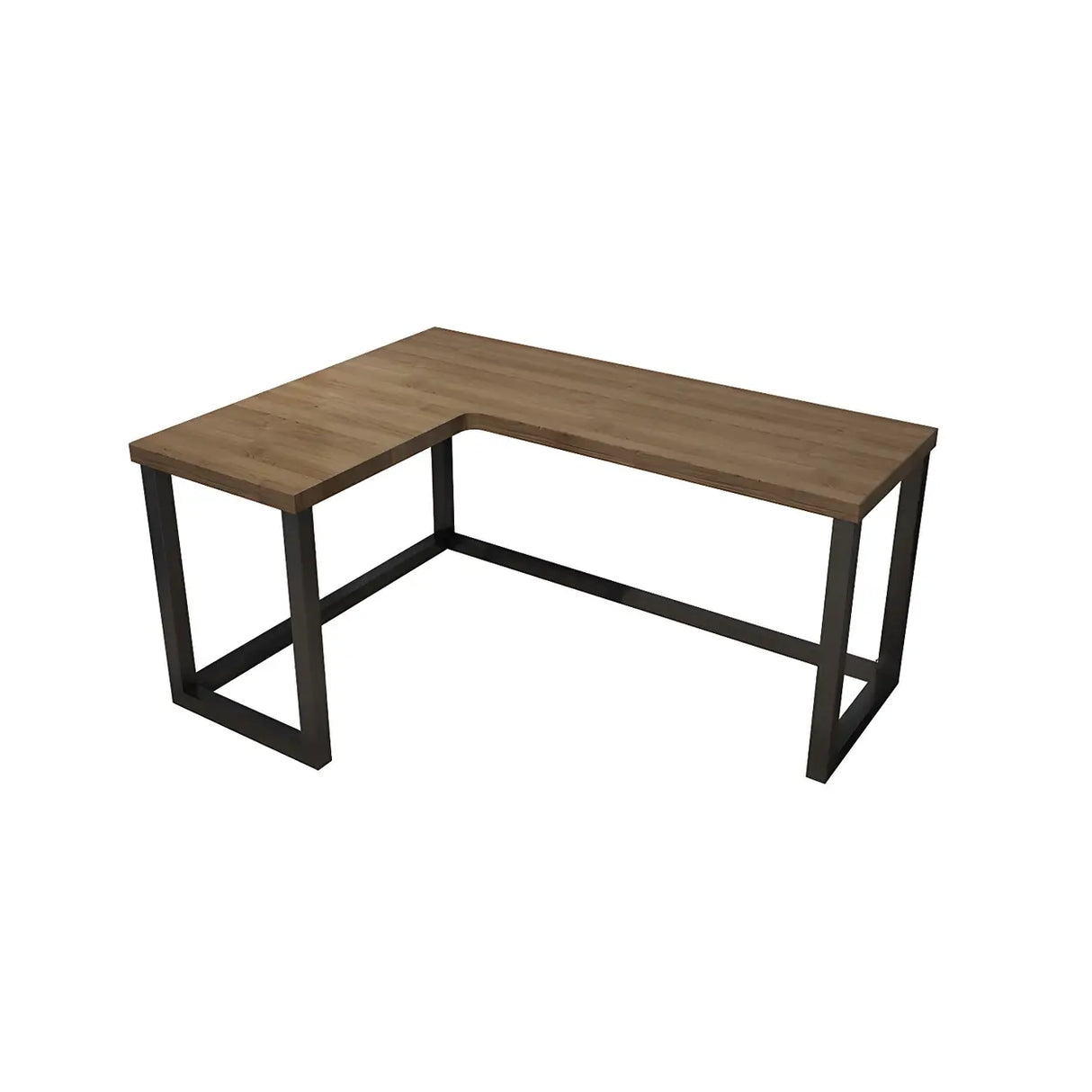 Brown Pine L-Shape Writing Desk with Iron Sled Base Image - 5