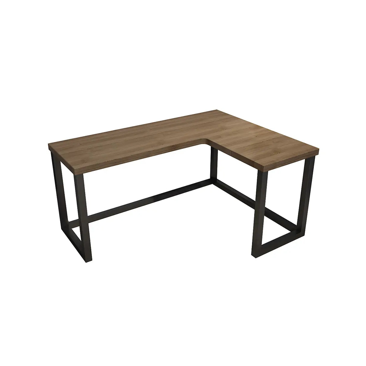 Brown Pine L-Shape Writing Desk with Iron Sled Base Image - 8