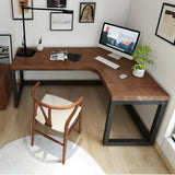 Brown Pine L-Shape Writing Desk with Iron Sled Base Image - 9