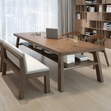 Brown Pine Rectangle Study Desk with Exterior Shelf Image - 1