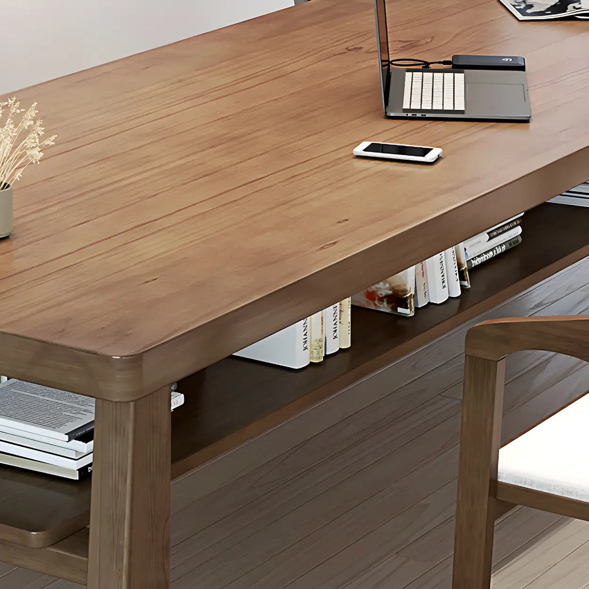 Brown Pine Rectangle Study Desk with Exterior Shelf Image - 8