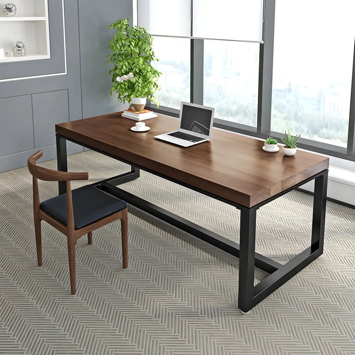Brown Pine Wood Black Iron Sled Base Writing Desk Image - 1