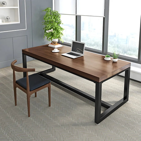 Brown Pine Wood Black Iron Sled Base Writing Desk Image - 1