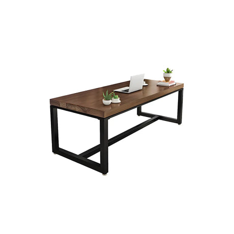 Brown Pine Wood Black Iron Sled Base Writing Desk Image - 2