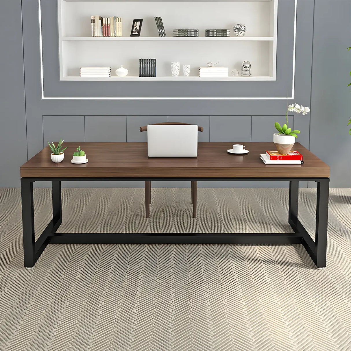 Brown Pine Wood Black Iron Sled Base Writing Desk Image - 3