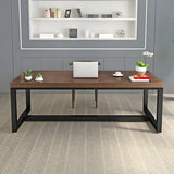 Brown Pine Wood Black Iron Sled Base Writing Desk Image - 3