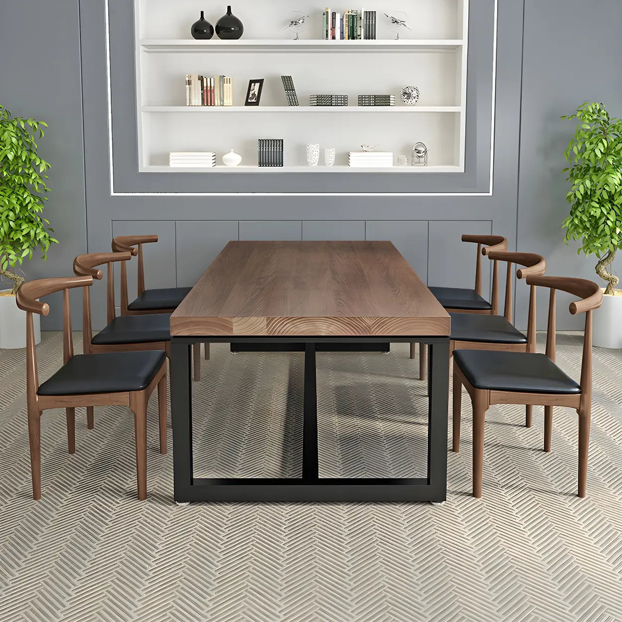 Brown Pine Wood Black Iron Sled Base Writing Desk Image - 4