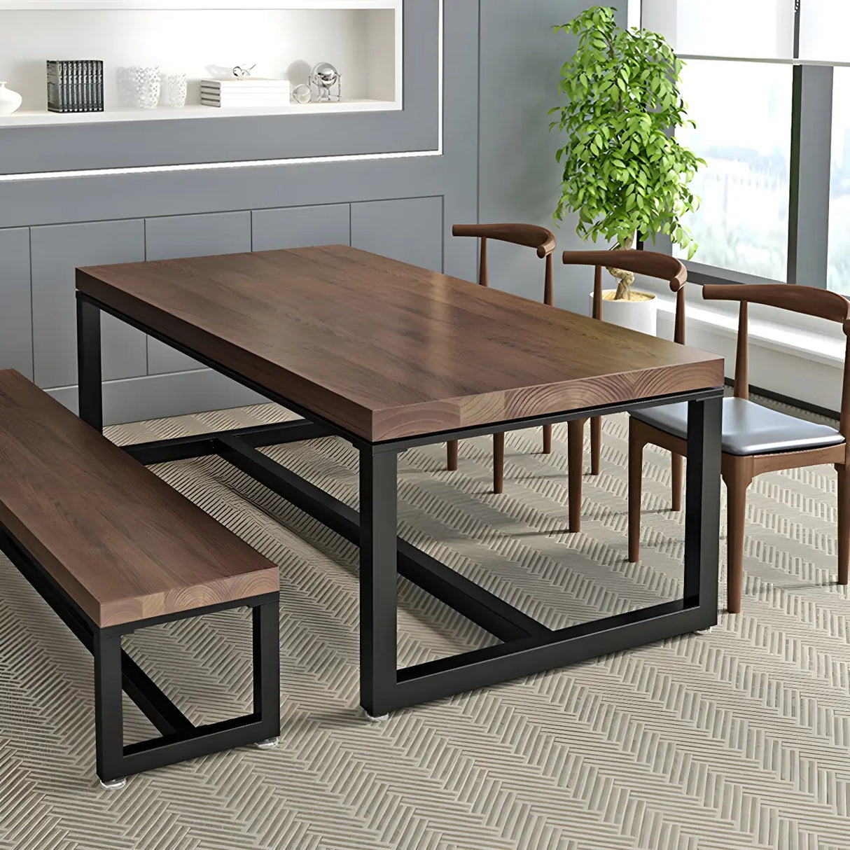 Brown Pine Wood Black Iron Sled Base Writing Desk Image - 5