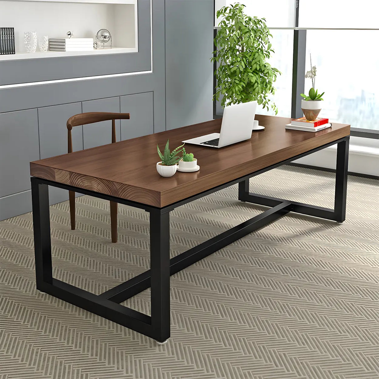 Brown Pine Wood Black Iron Sled Base Writing Desk Image - 9