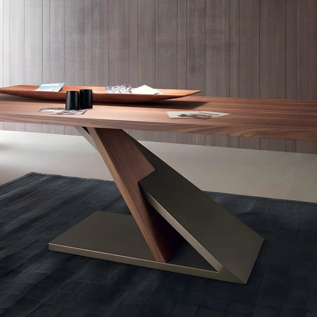 Brown Pine Wood Black Metal Z-Leg Writing Desk Image - 3
