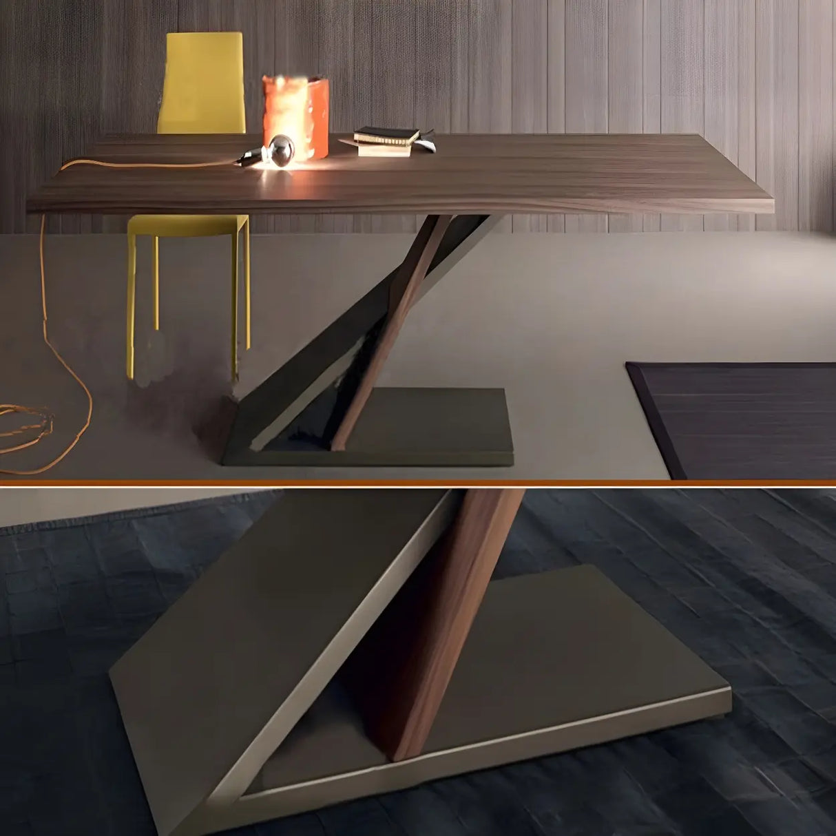 Brown Pine Wood Black Metal Z-Leg Writing Desk Image - 4