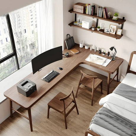 Brown Pine Wood H-Shaped Base Double Writing Desk Image - 1