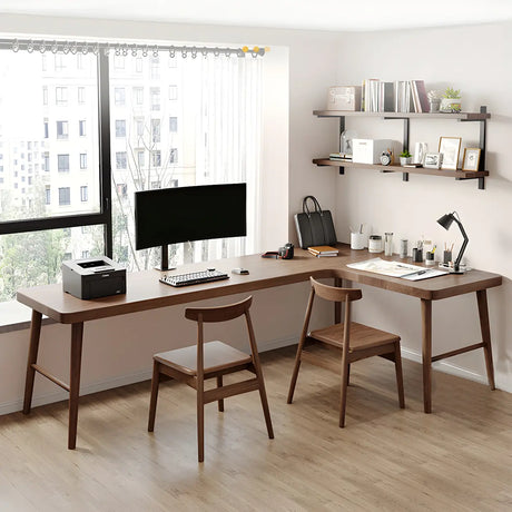 Brown Pine Wood H-Shaped Base Double Writing Desk Image - 2