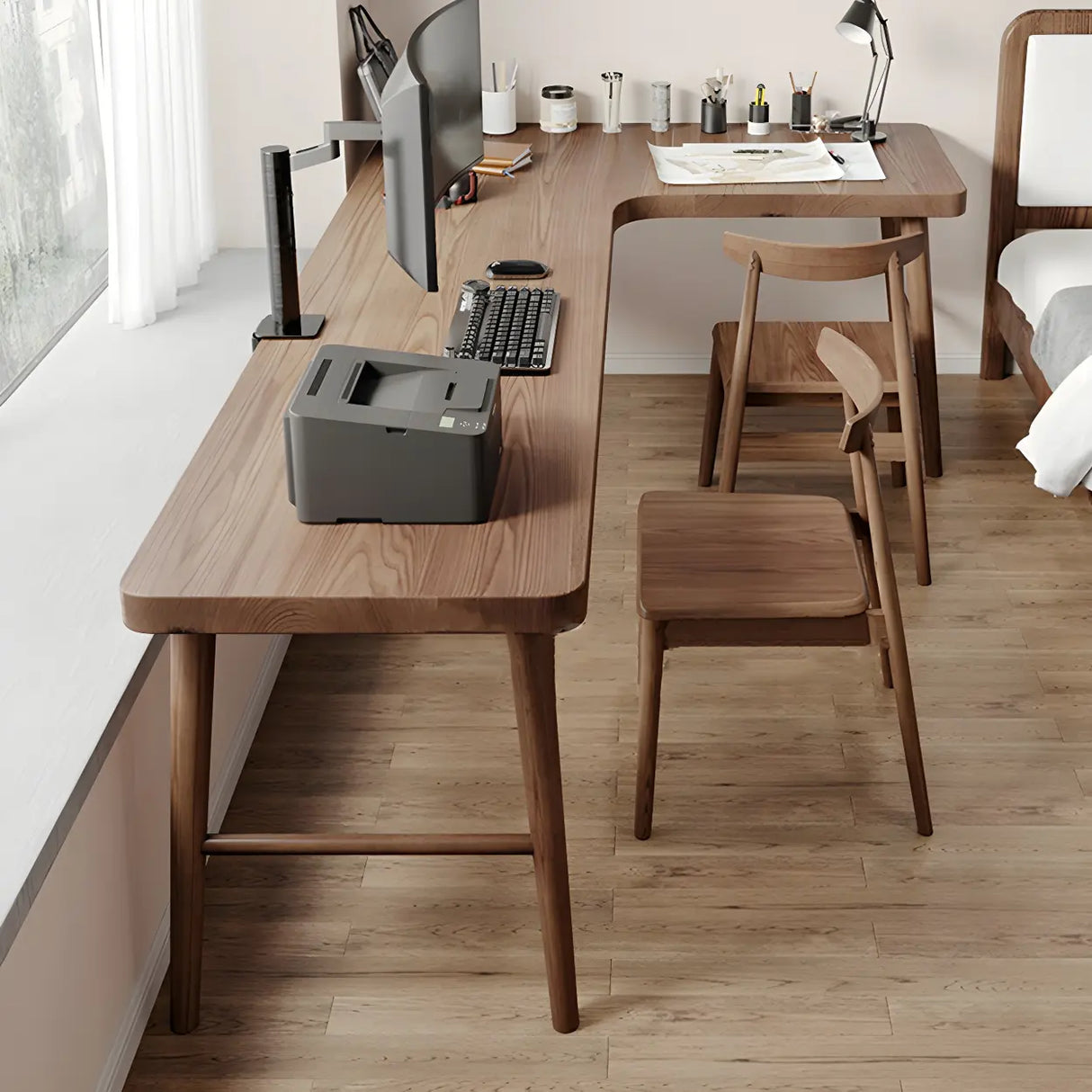 Brown Pine Wood H-Shaped Base Double Writing Desk Image - 3