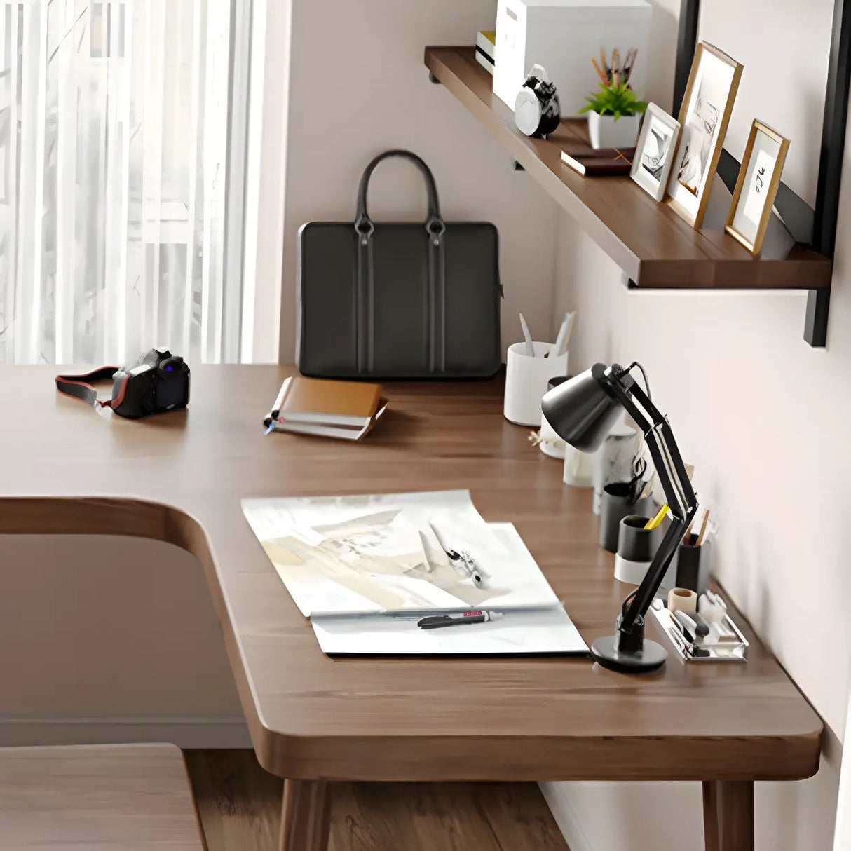 Brown Pine Wood H-Shaped Base Double Writing Desk Image - 4