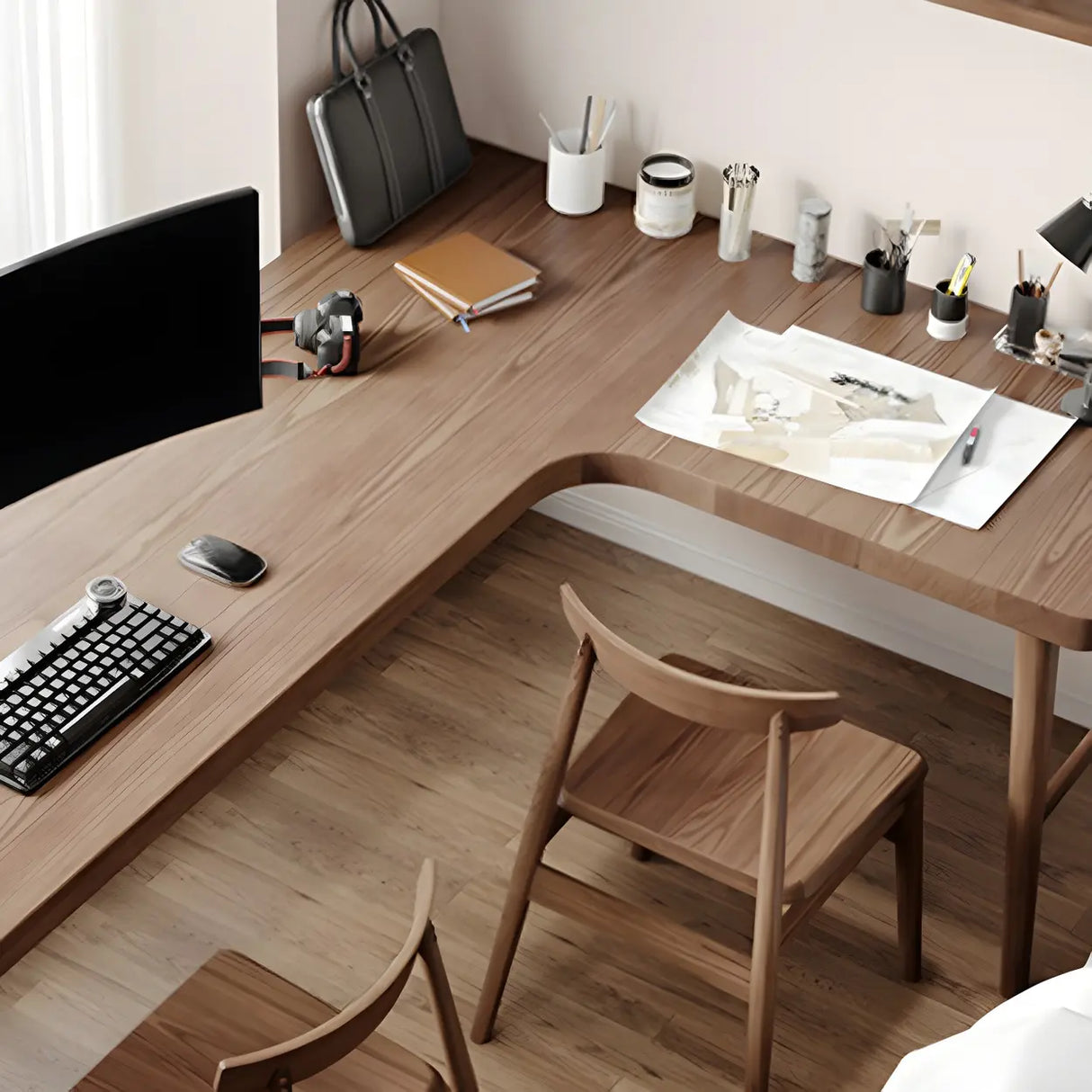 Brown Pine Wood H-Shaped Base Double Writing Desk Image - 6