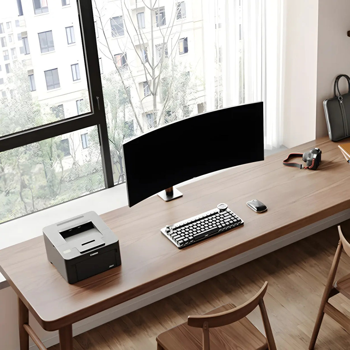 Brown Pine Wood H-Shaped Base Double Writing Desk Image - 7
